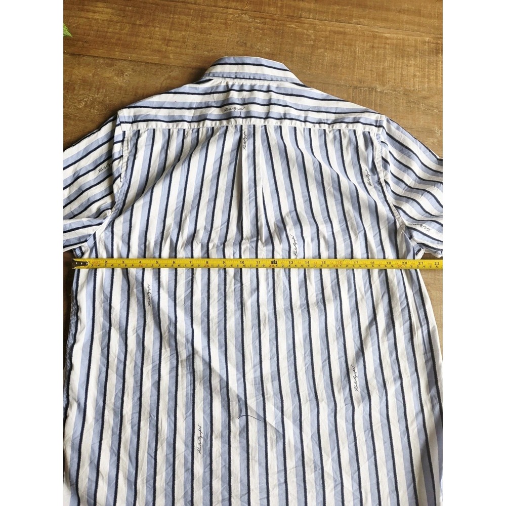 Karl Lagerfeld Paris Medium Pearl Snap Shirt‎ Blue White Striped Short Sleeve - Picture 2 of 7